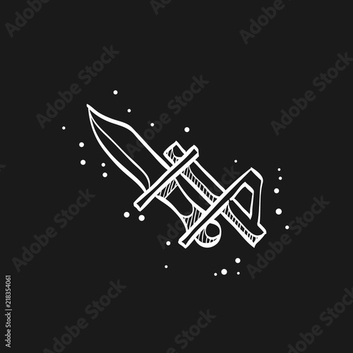 Bayonet knife icon in doodle sketch lines. Weapon vintage riffle assault army war battle danger dagger