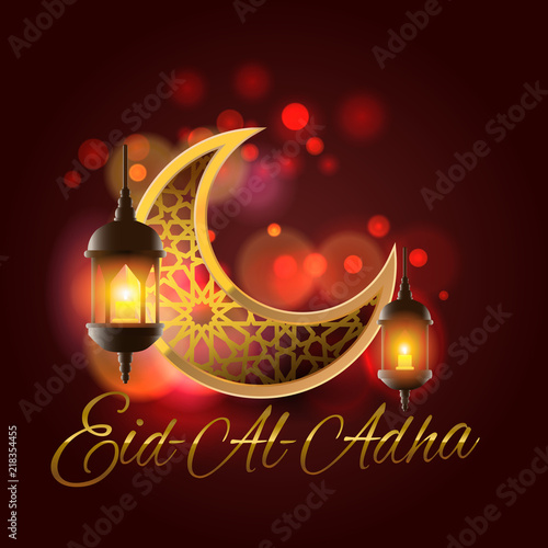 Vector illustration. Muslim holiday Eid al-Adha. Graphic design decoration kurban bayrami. month lamb and a lamp.Translation from Arabic: Eid al-Adha.