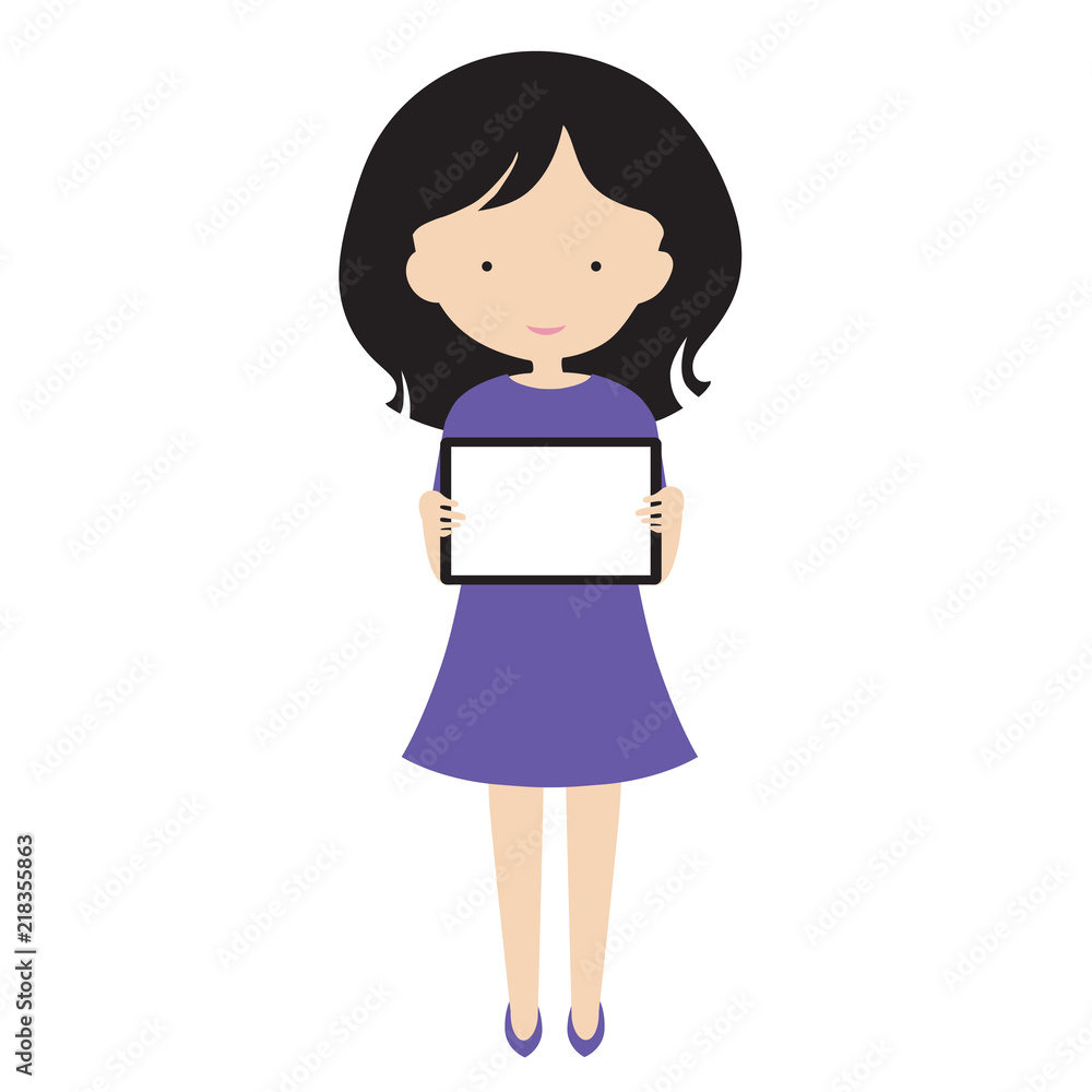 Young woman standing and holding a tablet with empty display, with space for your text - flat design Young woman standing and holding a tablet with empty display, with space for your text - flat design