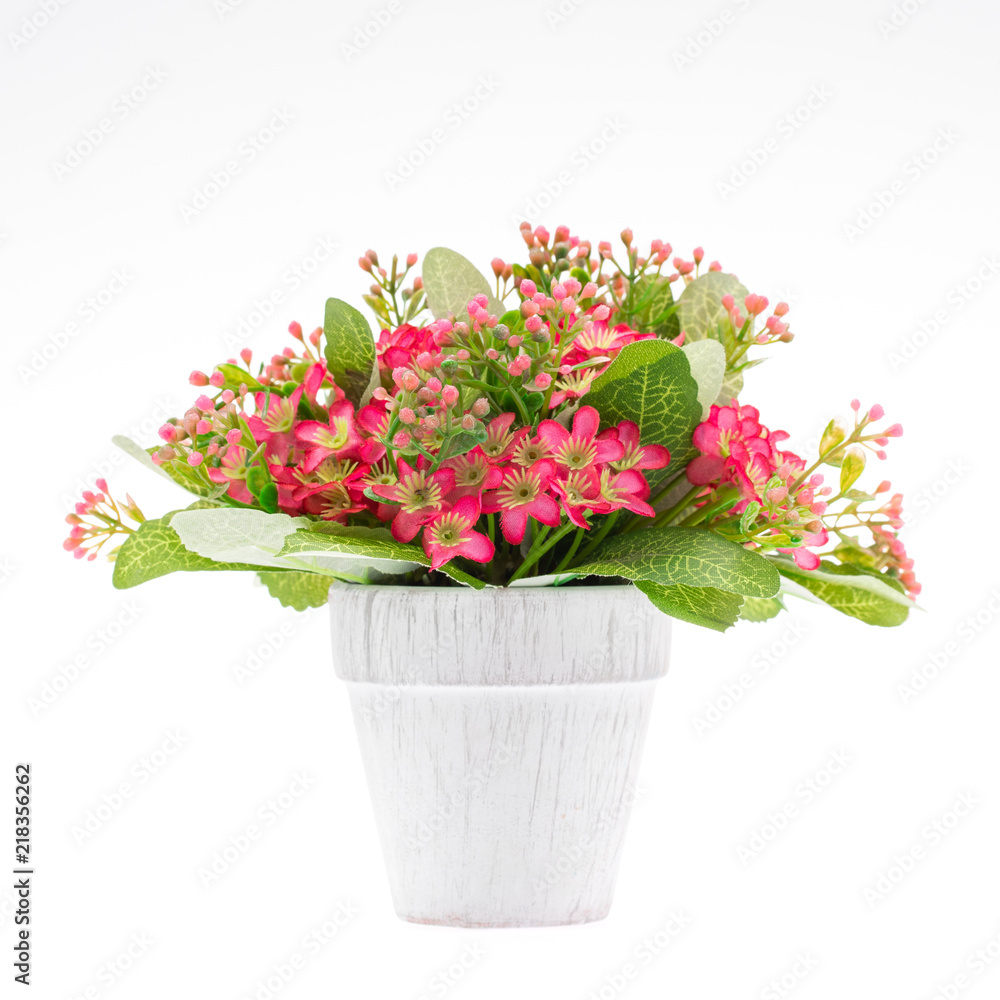Colorful fake flower handcraft from cloth in vase for decoration, studio shot isolated white background.