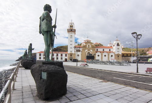 Basilica of Our Lady and statues on Candelaria embankment, Tenerife, Canary islands, Spain