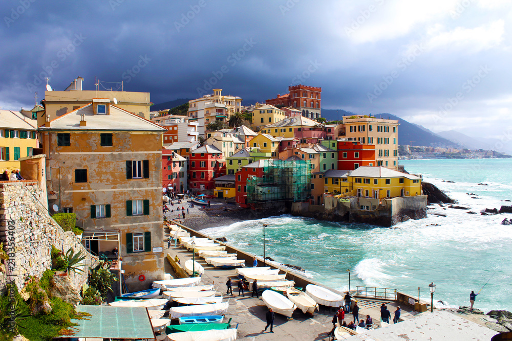 Boccadasse italian village on the sea under a stormy sky Boccadasse italian village on the sea under a stormy sky