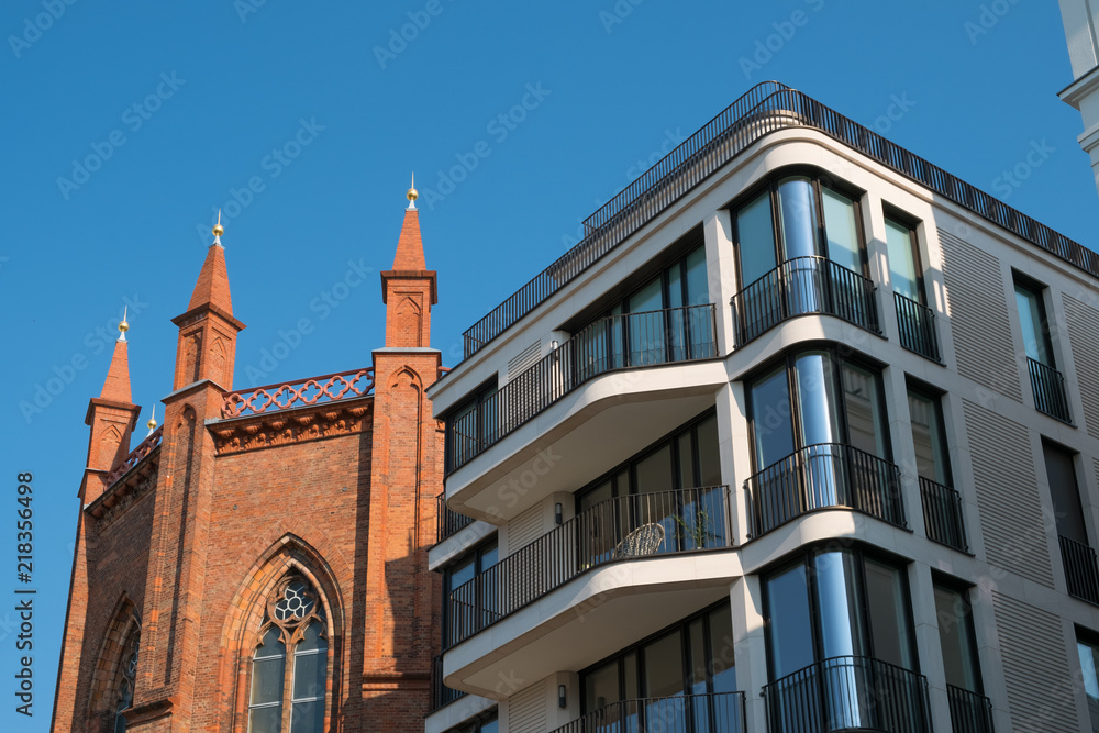 old church and modern builing facade, Berlin Mitte