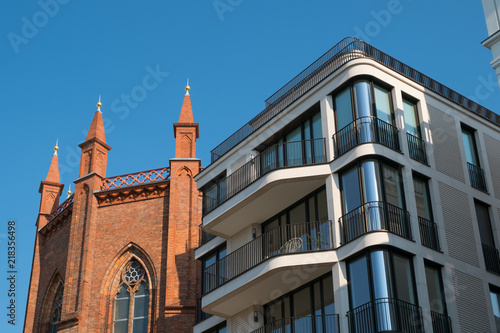 old church and modern builing facade, Berlin Mitte