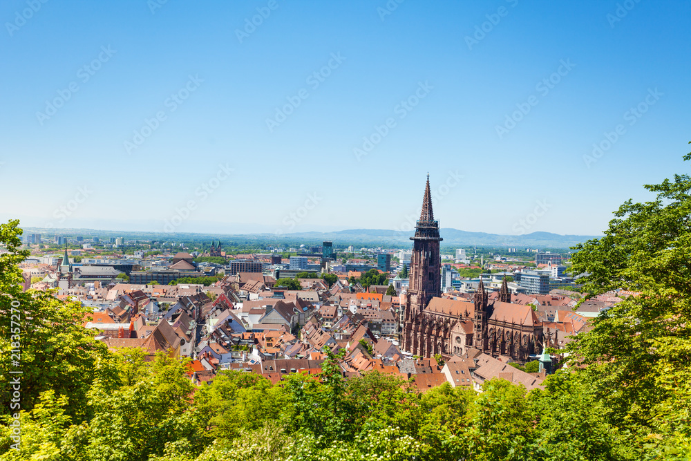 Freiburg cityscape with Munster against blue sky