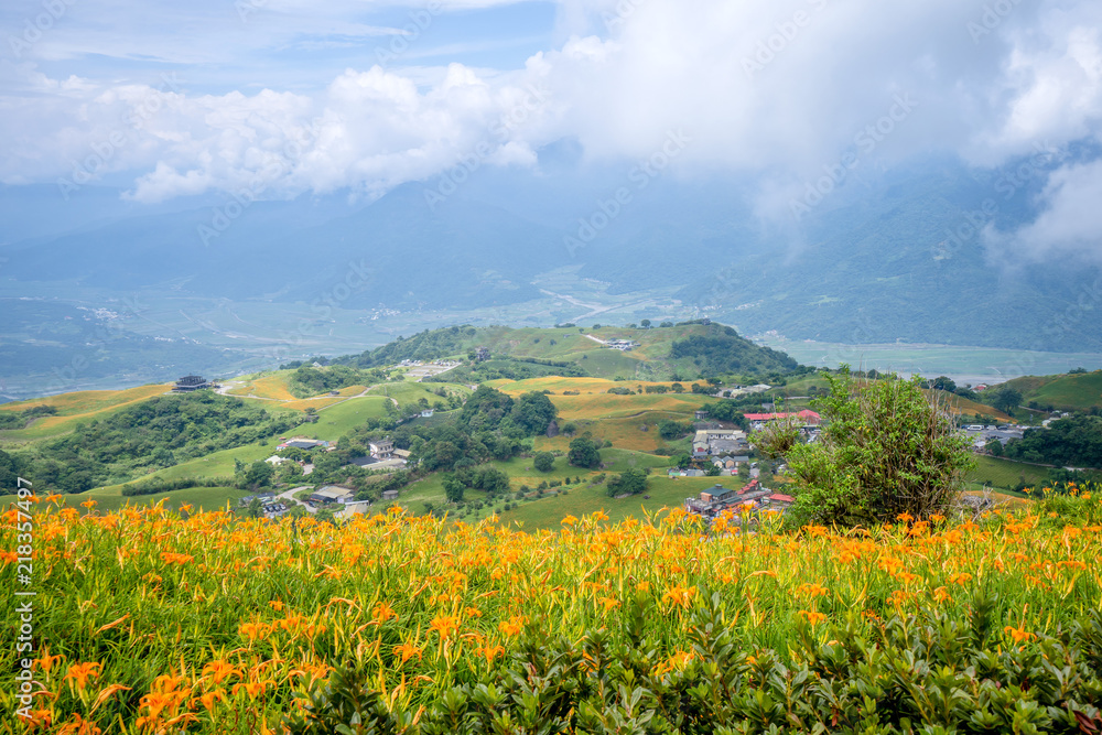 The Orange daylily(Tawny daylily) flower farm at Sixty Rock Mountain(Liushidan.mountain) with blue sky and cloud, Fuli, Hualien, Taiwan