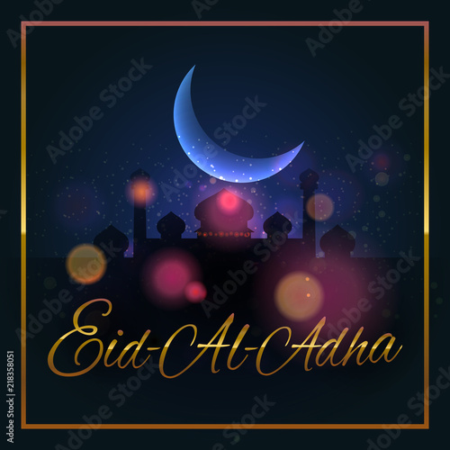 Vector illustration. Muslim holiday Eid al-Adha. Graphic design decoration kurban bayrami. month lamb and a lamp.Translation from Arabic: Eid al-Adha.