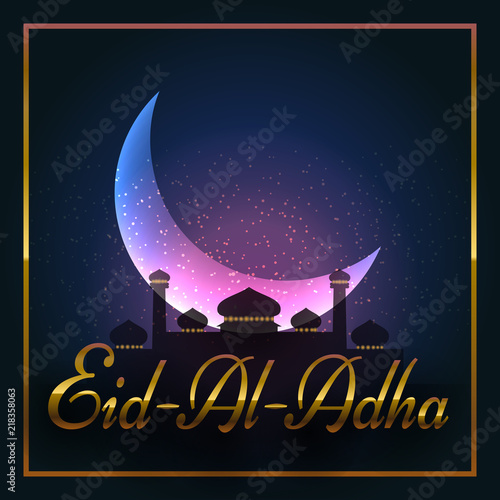 Vector illustration. Muslim holiday Eid al-Adha. Graphic design decoration kurban bayrami. month lamb and a lamp.Translation from Arabic: Eid al-Adha.