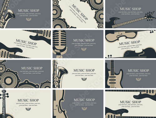 Vector set of twelve horizontal business cards for music shop with musical instruments and other music equipment