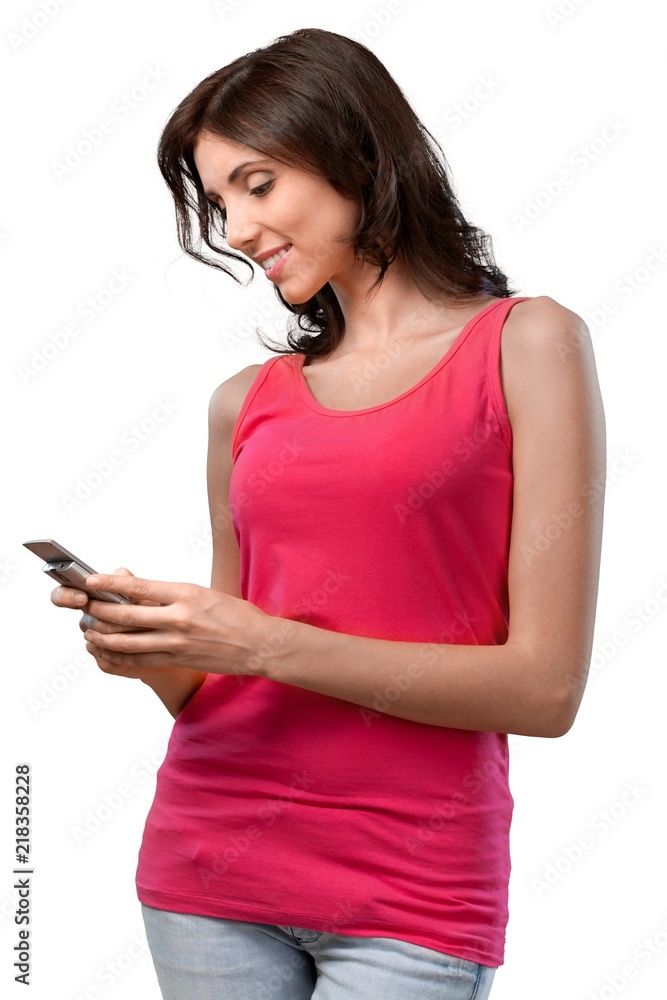 Young cute woman with phone isolated on white background