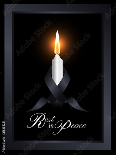 Mourning symbol with black ribbon around white candle light in frame on black background vector design