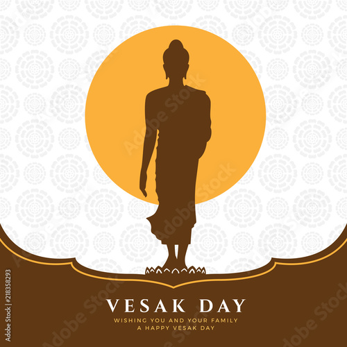 vesak day banner with Buddha Sign Stand Up on lotus and full moon on lotus abstract texture background vector design