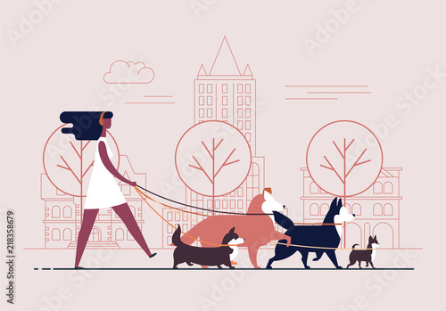 Young girl wearing dress and headphones walks dogs on leash along city street against buildings on background. Female cartoon character promenades or strolls with her domestic animals in downtown.