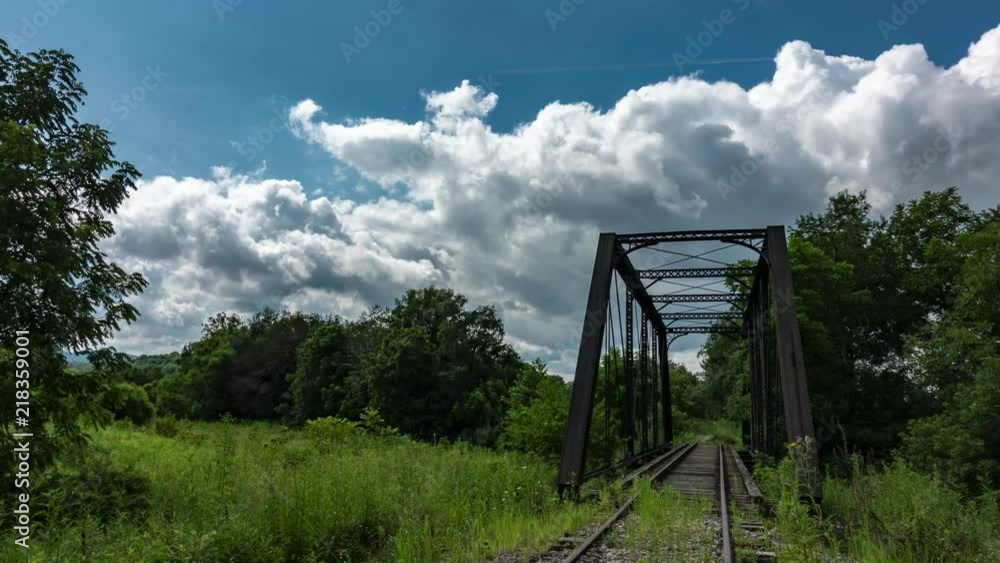Time lapse zooming in of old railroad truss bridge over a creek in Elkins, WV. Time lapse zooming in of old railroad truss bridge over a creek in Elkins, WV.