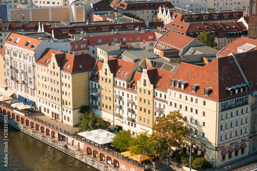 Aerial view on historic city district (Nikolaiviertel) in Berlin, Germany