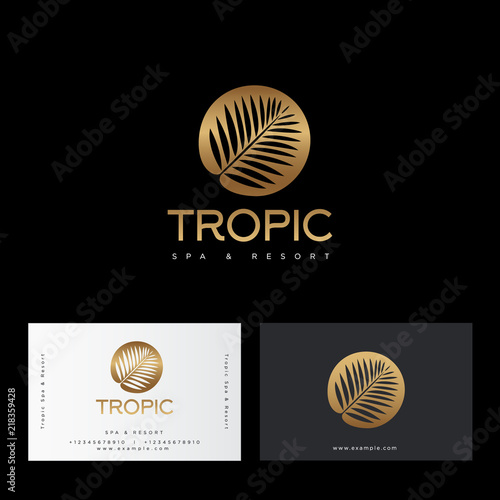 Tropic gold logo. Resort and Spa emblem. Tropical cosmetics. Beauty. Palm leaves in a circle. Identity, business card.