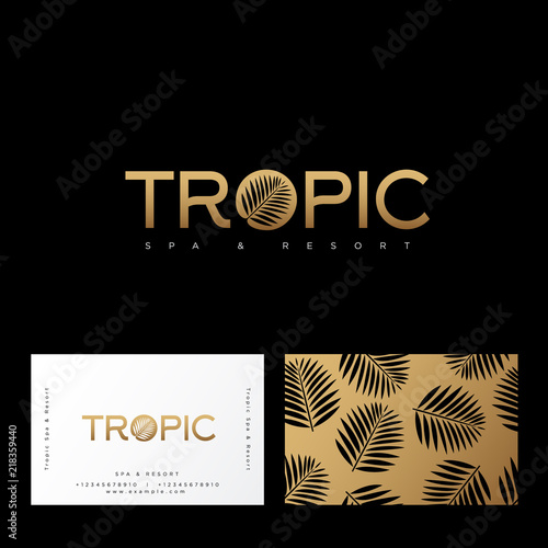 Tropic gold logo. Resort and Spa emblem. O letter with palm leaf.  Identity, business card. Pattern with palm leaves on a gold background.