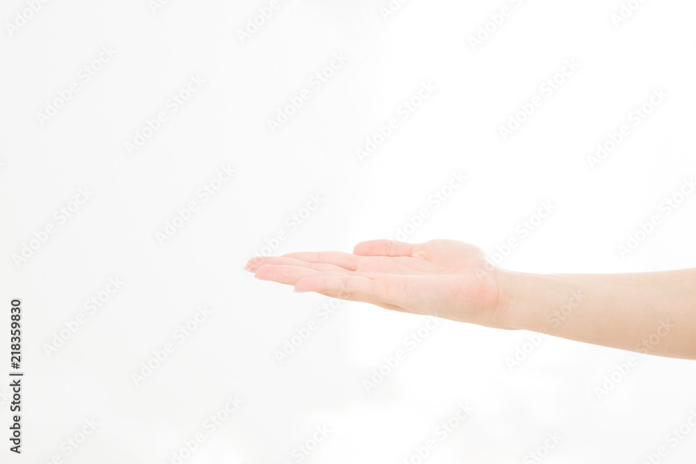 Open hand, palm up isolated on white background.Front view. Mock up. Copy space. Template. Blank. Open hand, palm up isolated on white background.Front view. Mock up. Copy space. Template. Blank.