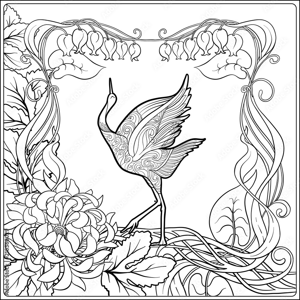Naklejka premium Poster with decorative flowers and carp fish in art nouveau style. Page for the adult coloring book