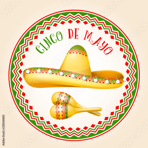 Cinco de Mayo emblem - mexican sombrero and maracas