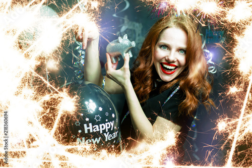 Canvas Print Happy New Year Girl with red hair