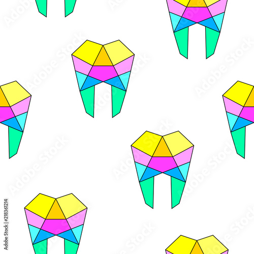 Colorful  human tooth line art, seamless pattern design. Dental care concept. Vector illustration isolated on white background.