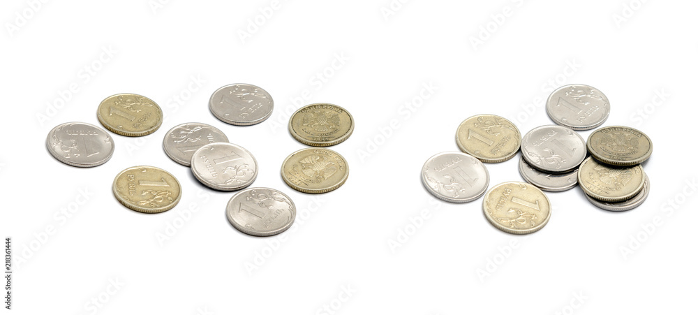 Russian coins on white background separated in two piles. Russian coins on white background separated in two piles.