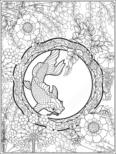 Poster with decorative flowers and carp fish in art nouveau style. Page for the adult coloring book