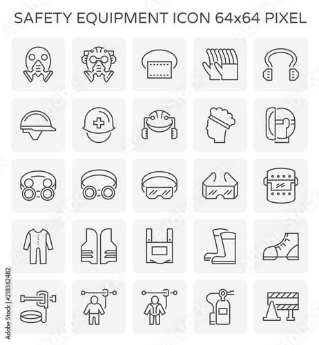 Safety equipment icon or personal protective equipment (PPE) in construction work. Consist of respirator, glove, hard hat, mask, vest, boot and harness etc. For protect worker from injury or infection
