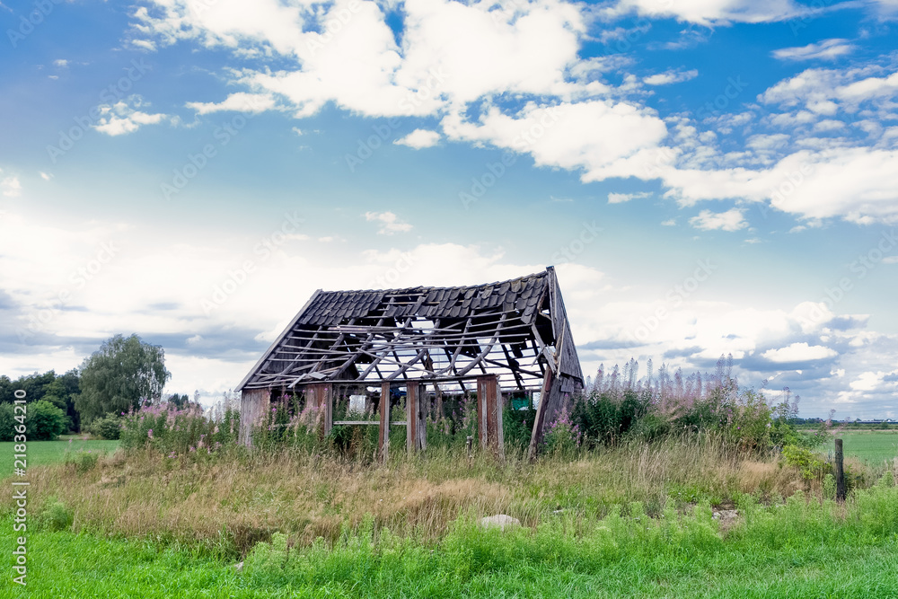Old decaying barn in the middle of a grassland field with missing walls and holes in the roof on a sunny day with blue sky and clouds