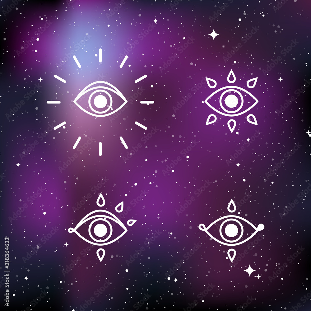 Mystical esoteric symbols. Concept of mystery, magic, witchcraft, alchemy. Star universe background. Vector illustration Mystical esoteric symbols. Concept of mystery, magic, witchcraft, alchemy. Star universe background. Vector illustration
