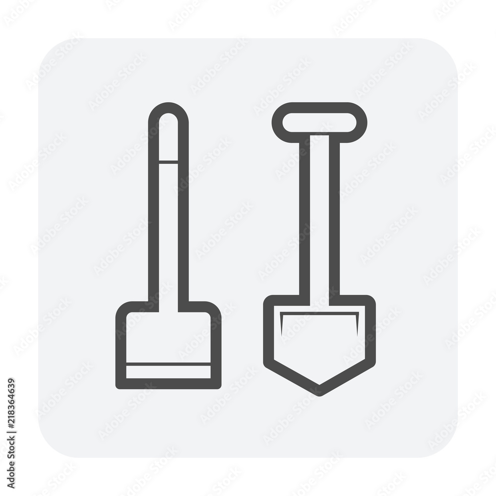 Hoe or spade and shovel vector icon. Equipment hand tool for agriculture at garden, farm, yard, backyard. Include wooden handle, steel for dig, scoop of soil, snow, ground, earth, plant and weeding. Hoe or spade and shovel vector icon. Equipment hand tool for agriculture at garden, farm, yard, backyard. Include wooden handle, steel for dig, scoop of soil, snow, ground, earth, plant and weeding.