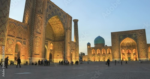Samarkand at dusk. Panorama of Registan square 
