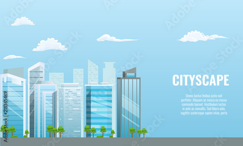 Vector Cityscape with different buildings - office center. Advertising layout. Flat and solid color style.