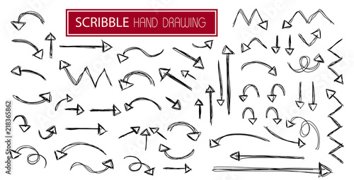 Big set black scribble arrows icons in hand drawn style. Doodle arrow sketch sign and set of hand drawn. Vector illustration on white background