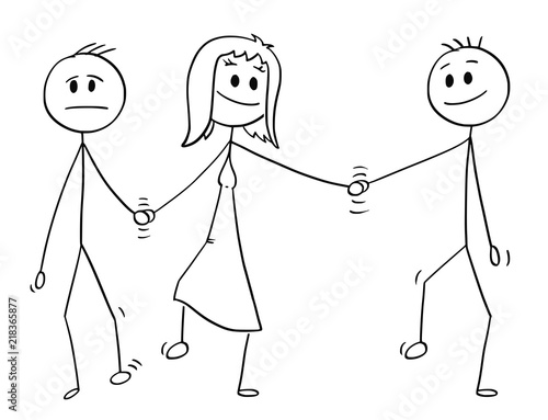 Cartoon stick drawing conceptual illustration of heterosexual couple of man and woman walking together and holding each others hand. Woman is also holding hand of another man, probably lover. Concept