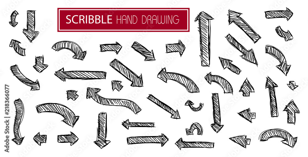 Big set black scribble arrows icons in hand drawn style. Doodle arrow sketch sign and set of hand drawn. Vector illustration on white background - obrazy, fototapety, plakaty 