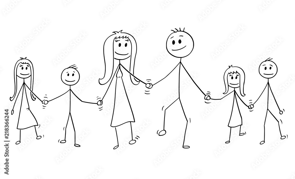Cartoon stick drawing conceptual illustration of big family. Parents, man  and woman and four children, boy and girl are walking while holding hands.  Stock Vector | Adobe Stock