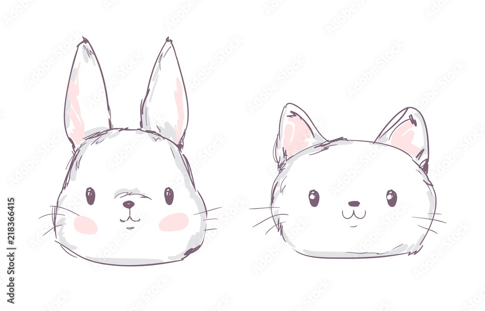 Hand Drawn Cute Rabbit and Cat, Vector Illustration.
