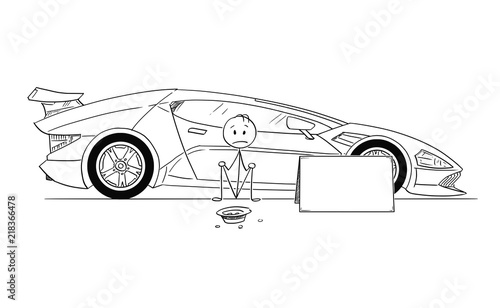 Cartoon stick drawing conceptual illustration of man, owner of expensive super sport car, sitting and begging for gas money. Concept of luxury and poverty. There is empty sign for your text.