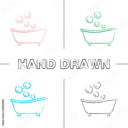 Baby bathtub hand drawn icons set