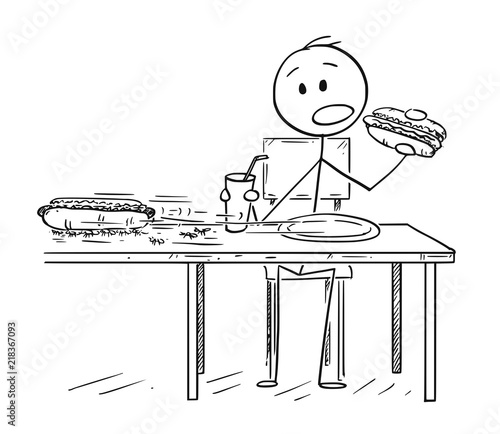 Cartoon stick drawing conceptual illustration of man eating hotdog and drinking cola or carbonated beverage, while ants are stealing his second hotdog.