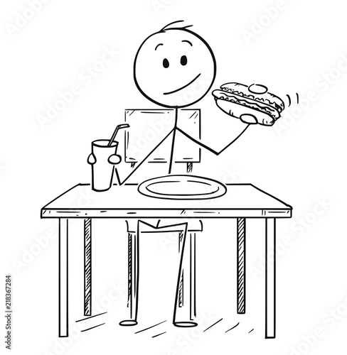 Cartoon stick drawing conceptual illustration of man eating hotdog and drinking cola or carbonated beverage.