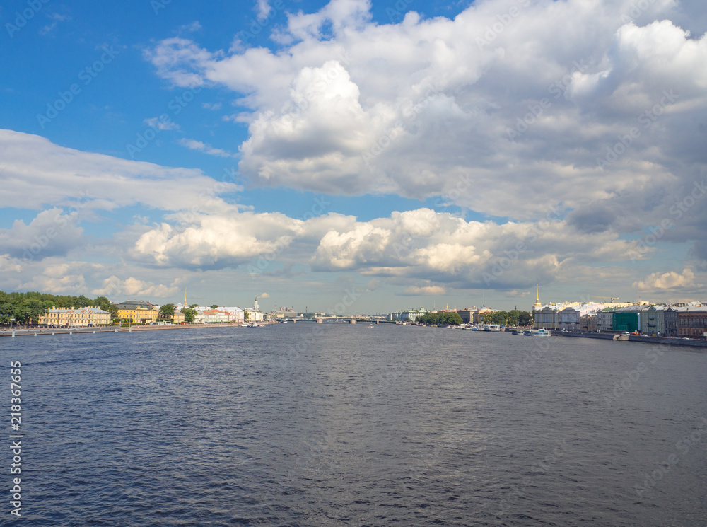 Saint-Petersburg. The water area of the Neva river. Summer water landscape.