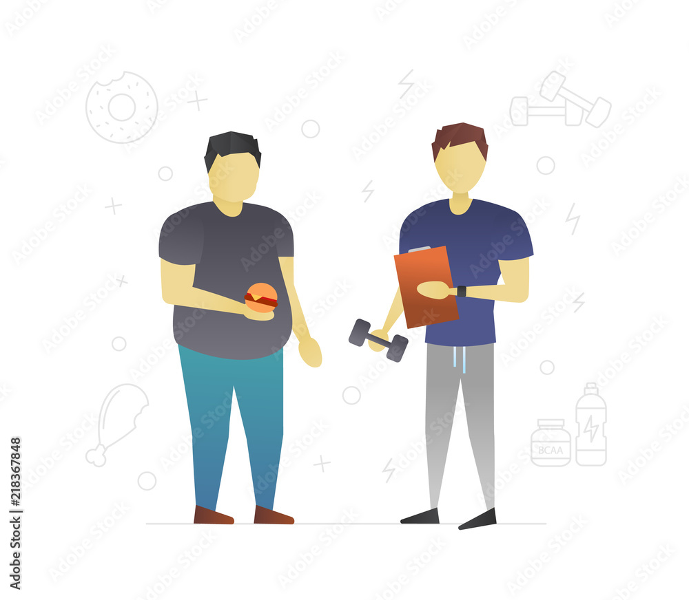 Fat man with personal trainer flat character design Fat man with personal trainer flat character design
