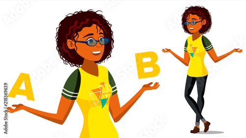 Afro american Woman Comparing A With B Vector. Balance Of Mind And Emotions. Client Choice. Compare Objects, Ways, Ideas. Isolated Flat Cartoon Illustration