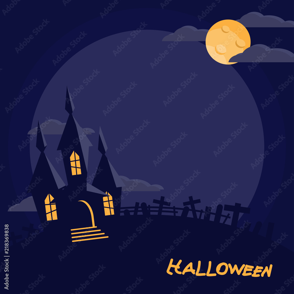 halloween scary house castle in dark night and big moon