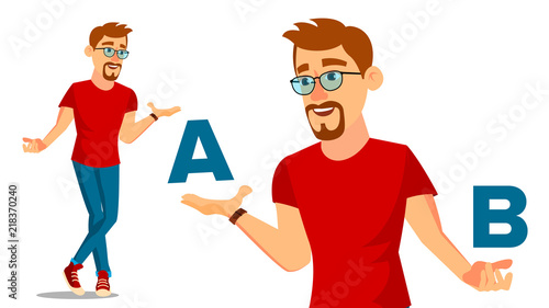 European Man Comparing A With B Vector. Good Idea. Carrying A Balance. Blogger Review. Compare And Choose. Isolated Flat Cartoon Illustration