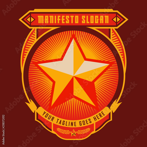 Propaganda Badge Red Star. Vintage style wallpaper background. Retro revolution poster design.
