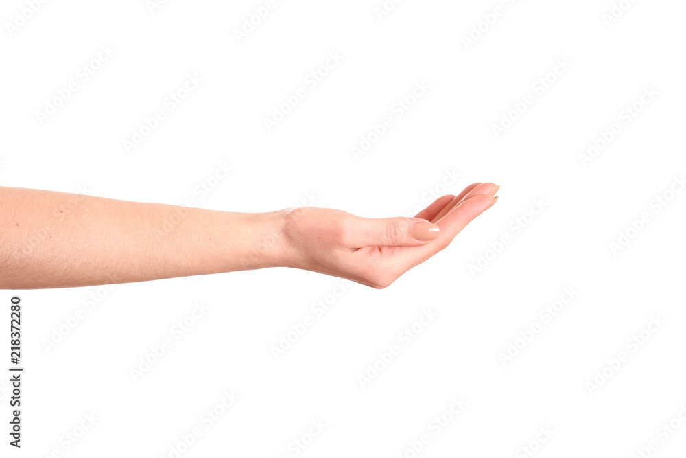 Hand gesture open up like holding something on palm isolated on white background. Hand gesture open up like holding something on palm isolated on white background.